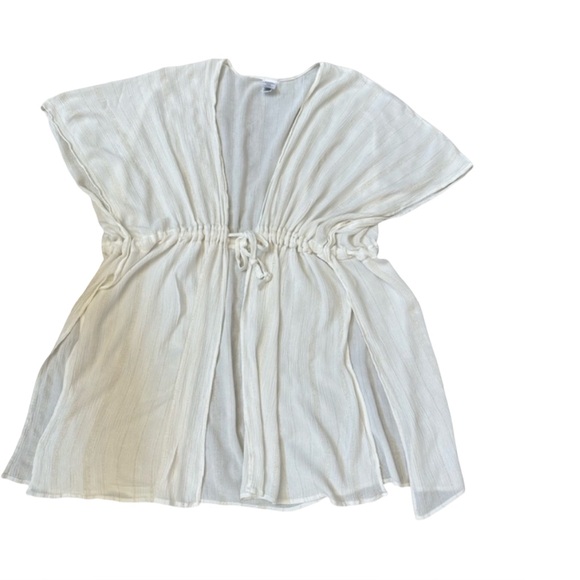 Plus Size XXL-XXXL Sheer Swim Cover-Up Neutral Striped Drawstring Beachwear - Picture 3 of 9